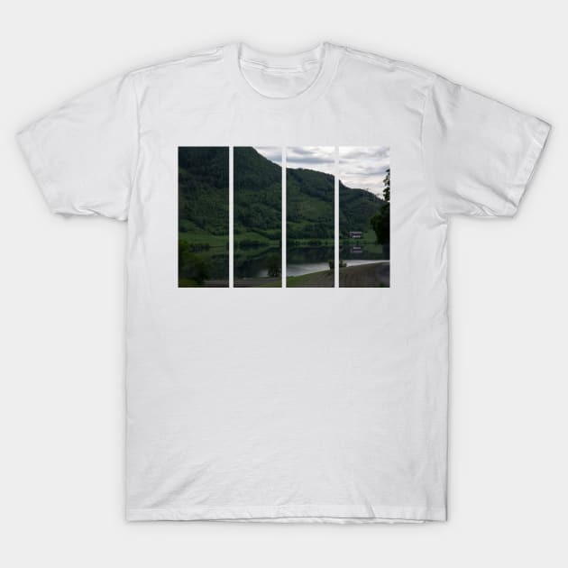 Wonderful landscapes in Norway. Green hill with mirror reflection on the water of the lake Gjerdesdalsvatnet . Norwegian Scenic Route Ryfylke. Trees and rocks in the background. T-Shirt by fabbroni-art